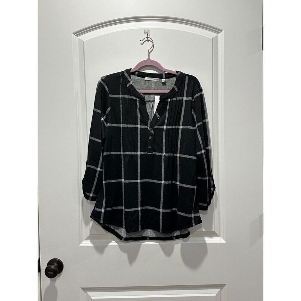 NWT Notations Black and White Plaid Button Up Popover Blouse Size Large Petite